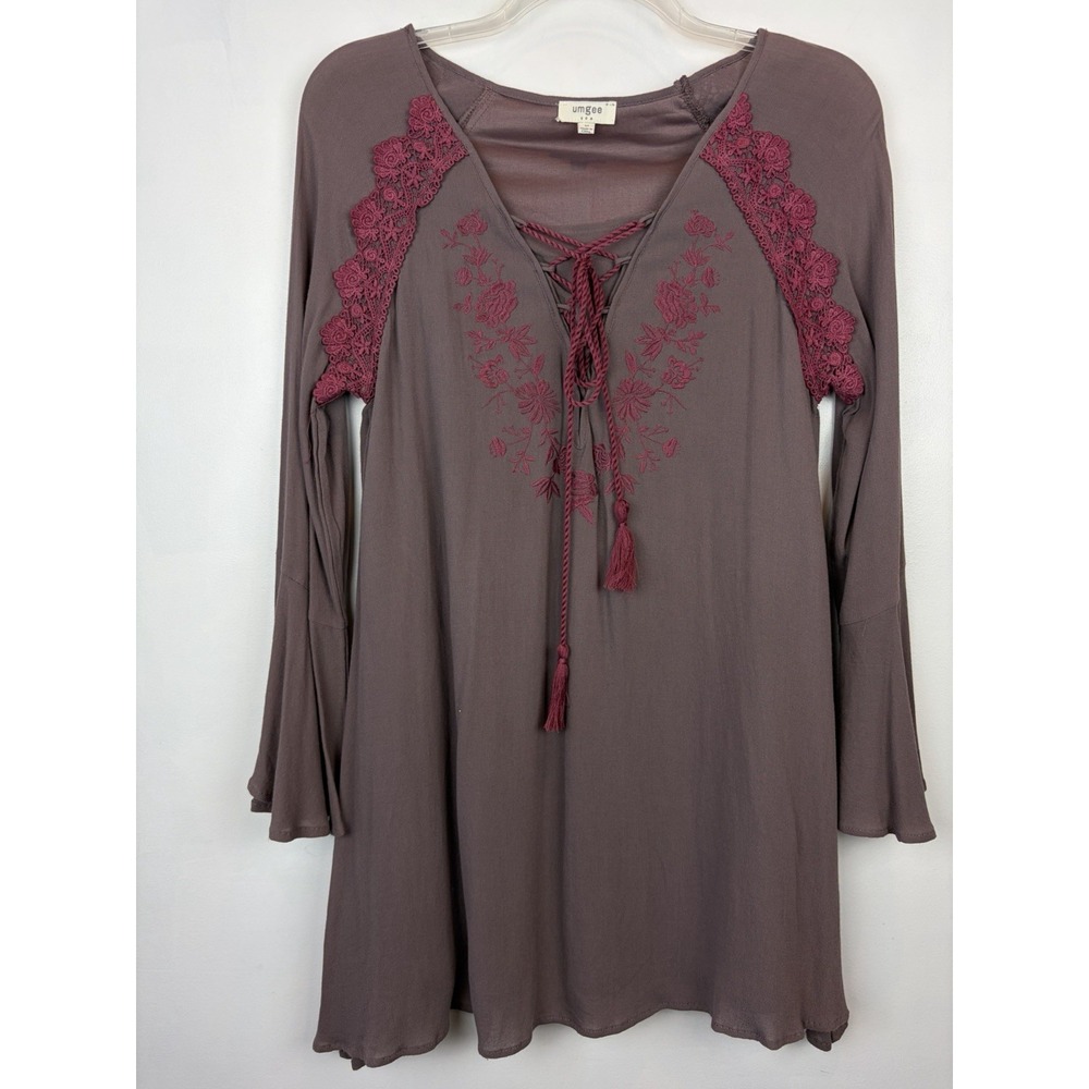 Umgee Dress Women Medium Boho Brown Hippie Bell Sleeves Embroidered